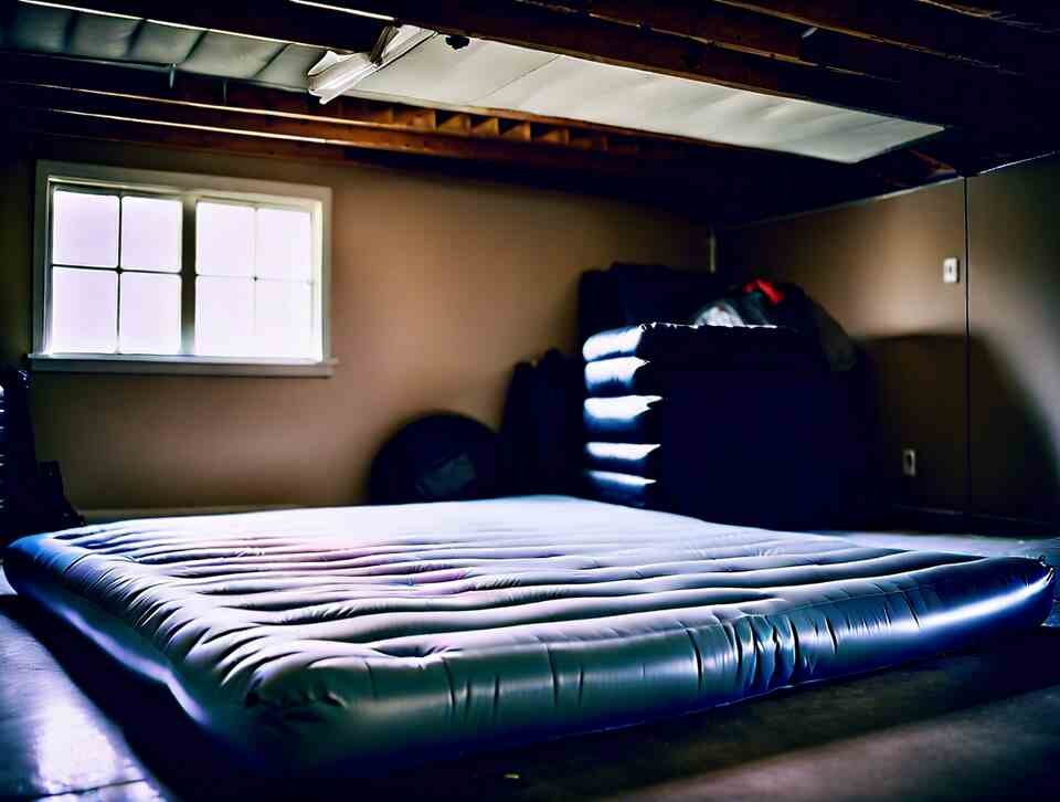 An inflatable air mattress stored in a home garage.