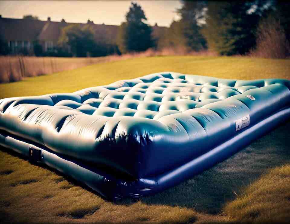 An inflatable air mattress with mold laying out in the sun, to dry out. 
