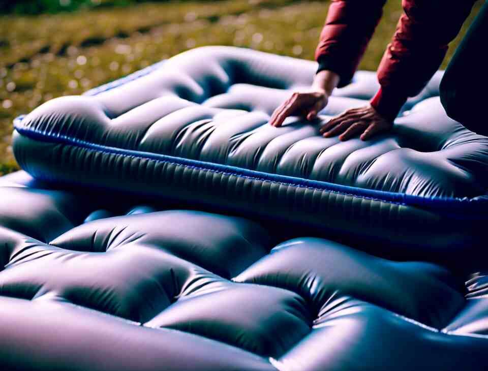 A person deflating an inflatable air mattress.