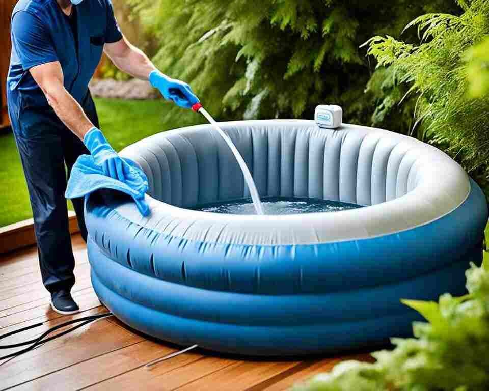 An inflatable hot tub being scrubbed clean with a brush and soap.
