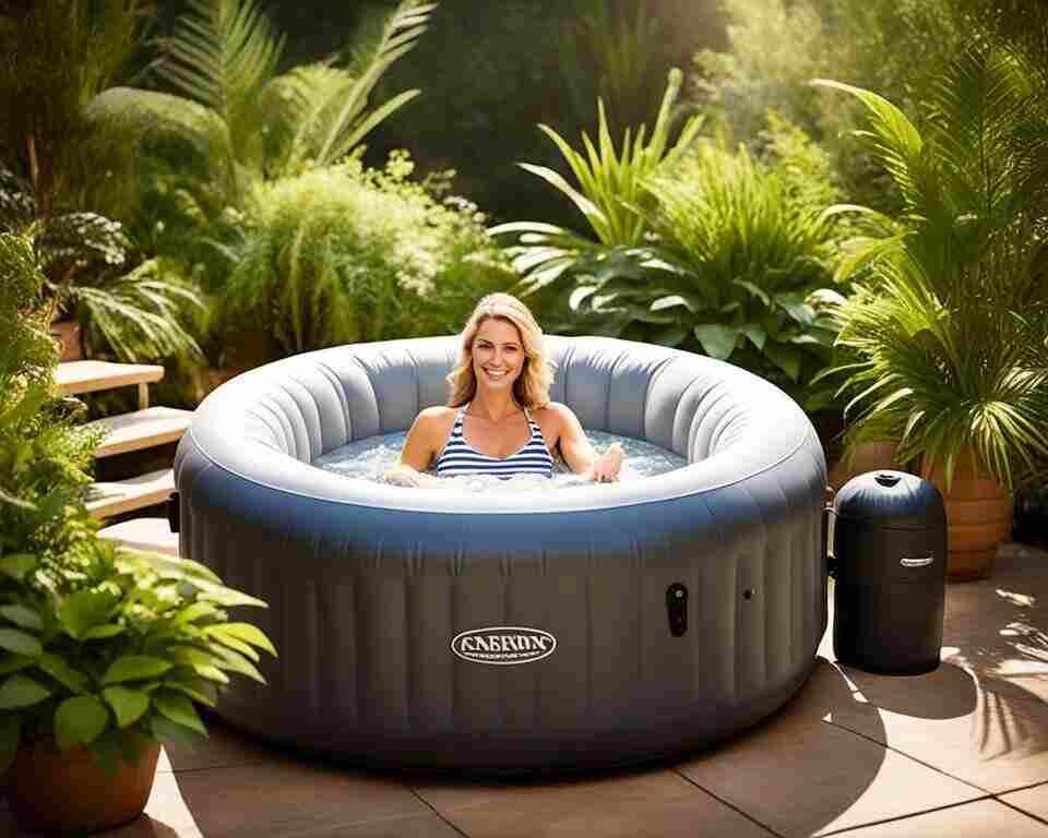 A person using comfortable seating for an inflatable hot tub.