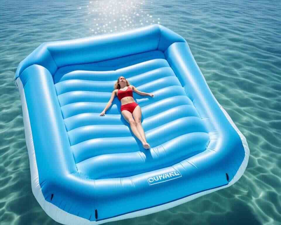 An inflatable mattress with a person on it, bobs gently on a calm body of water, its bright blue surface reflecting the clear sky above.