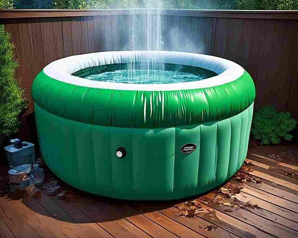 An inflatable hot tub emitting a putrid odor, with greenish-brown water and bubbles forming around the edges. 