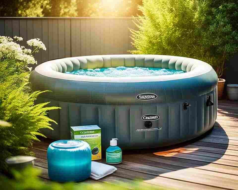 An inflatable hot tub sitting in the sun with various maintenance tools and materials nearby, such as a cleaning brush, chemical tester strips.