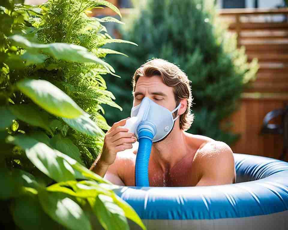 An illustration of a person with an oxygen mask unable to breathe, and tolerate the hot tub odor.