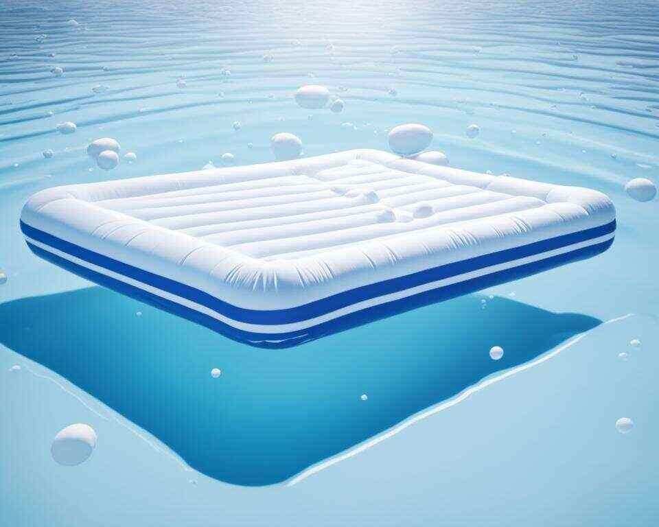 An inflatable mattress floating on water with bubbles under it, revealing its buoyancy. 