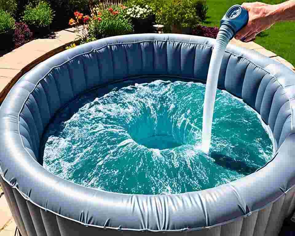 An inflatable hot tub being drained and refilled with fresh water to maintain its cleanliness and water quality.