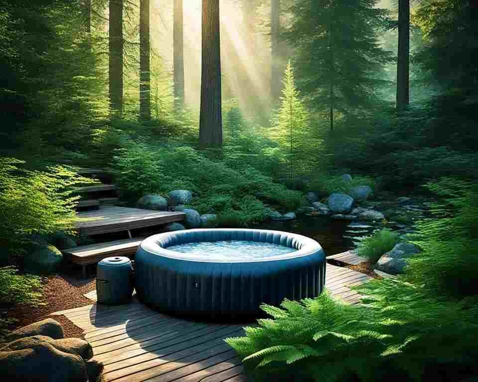 An inflatable hot tub placed in a natural private secluded setting. 