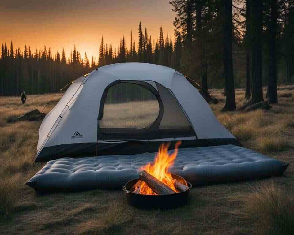 A serene outdoor setting with a tent in the background and a self-inflatable camping mattress prominently displayed.