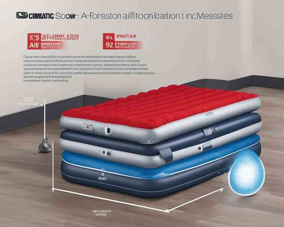 A cross-sectional view of a self-inflating air mattress, with different layers clearly visible and air flow indicated. 