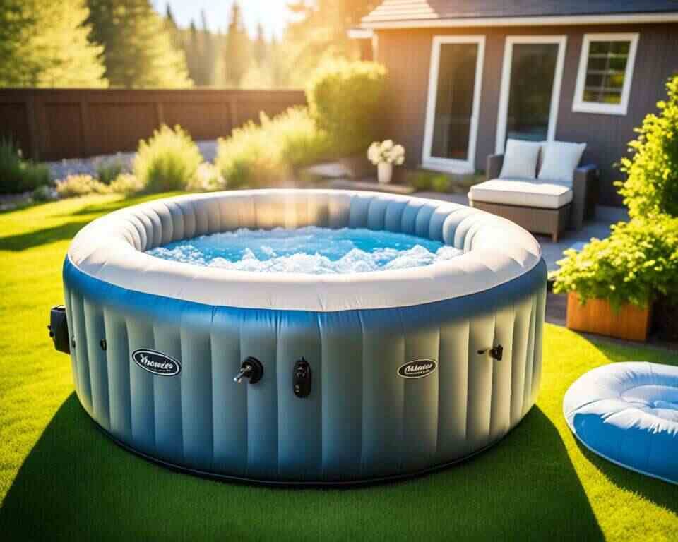 An inflatable hot tub out in the direct sunlight.