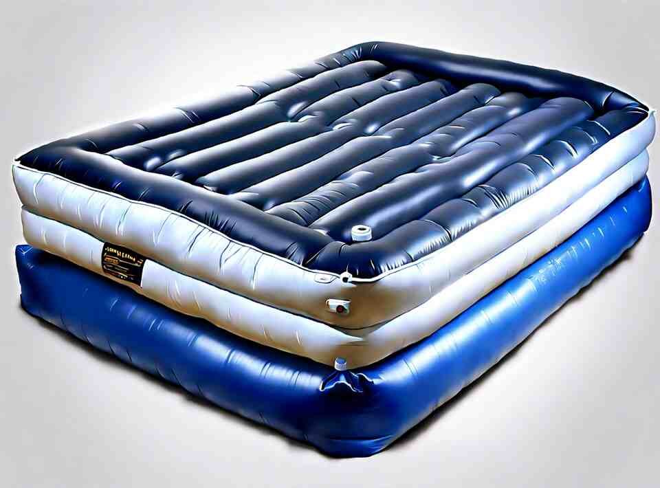 An inflatable air mattress being blown up with its built-in pump. 