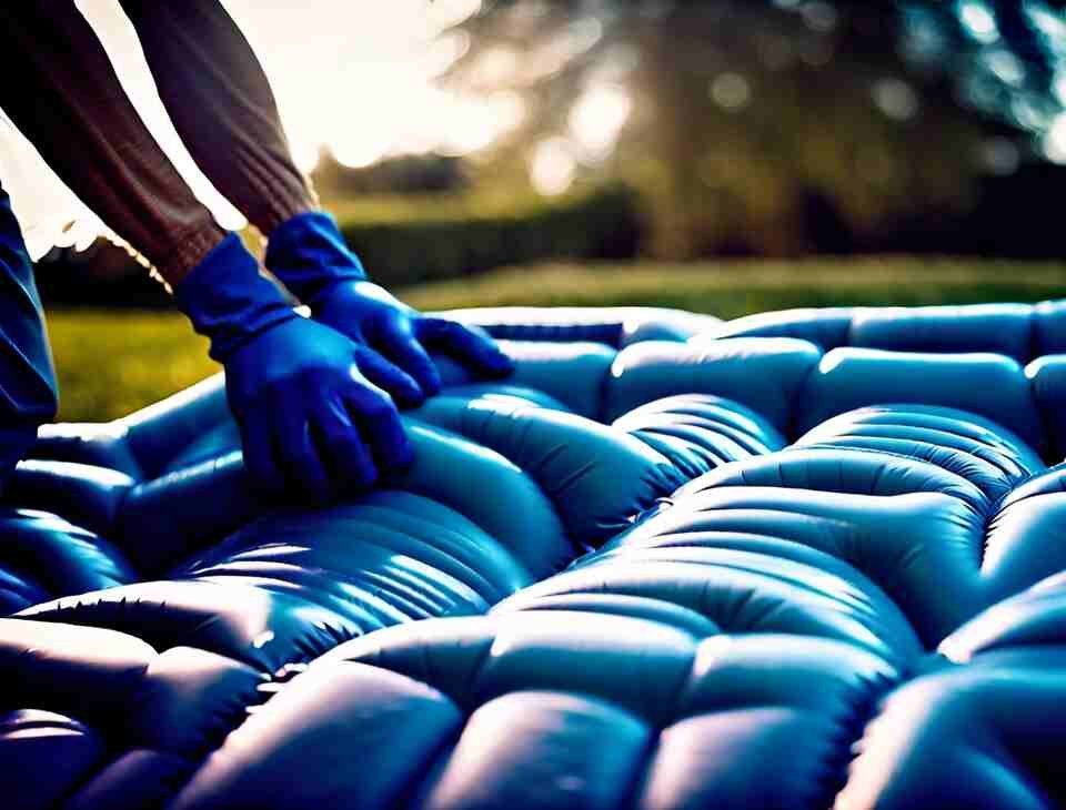 A person scrubbing their inflatable air mattress.