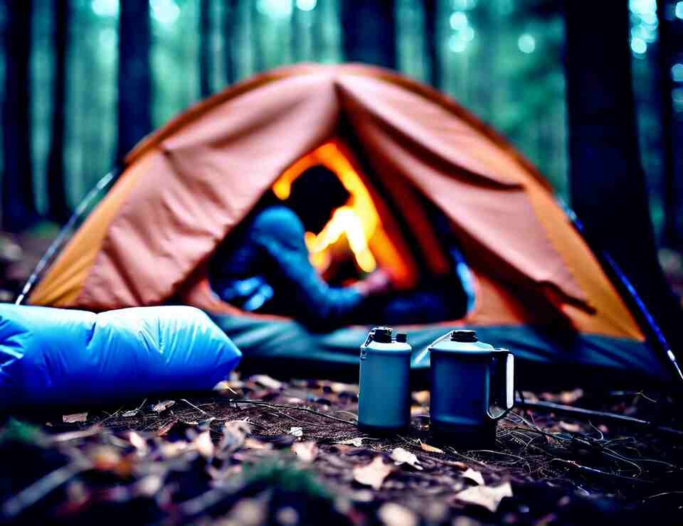 A person is camping in the woods. They're setting up a tent and blowing up an air mattress for a comfortable night's sleep.