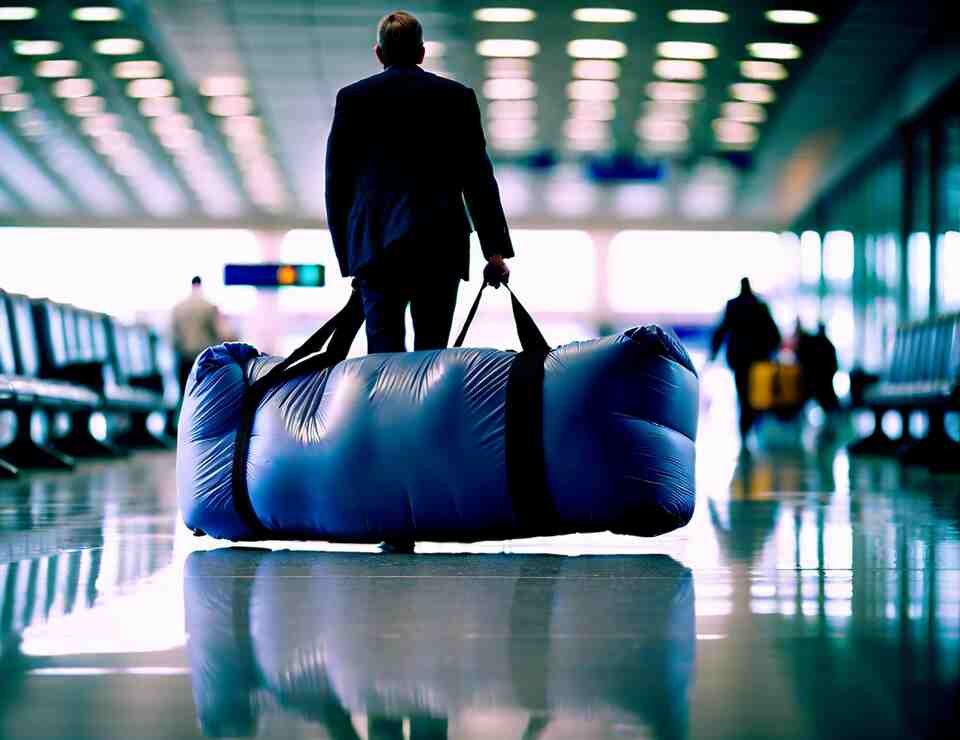 A person carrying a deflated air mattress tightly rolled up in a large bag while walking through an airport.