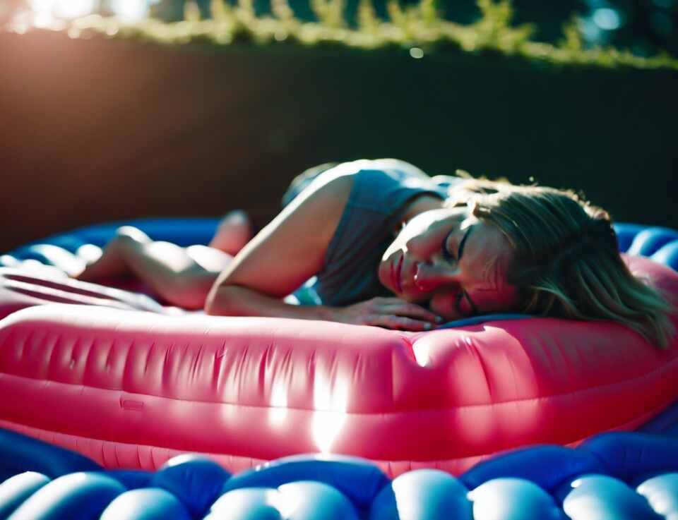 A pregnant woman trying to get comfortable on an inflatable air mattress.