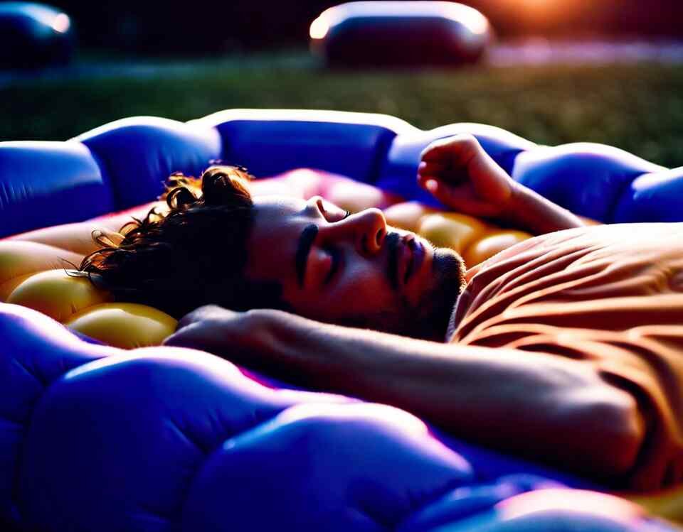 A person enjoying relaxation on an inflatable air mattress featuring supportive surface bumps.